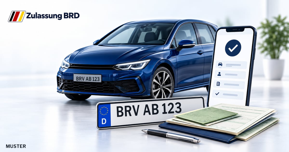Online Fahrzeugzulassung in Rotenburg (Wümme): Musterkennzeichen BRV AB 123, Auto und Fahrzeugpapiere und Smartphone. Illustration mit Logo von Zulassung BRD.